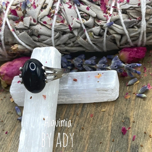 black onyx and silver gem ring/Victorian/Festival - Picture 1 of 7